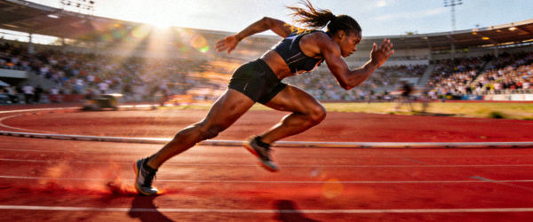 田径运动员在跑道上冲刺，肌肉线条分明，速度感强烈